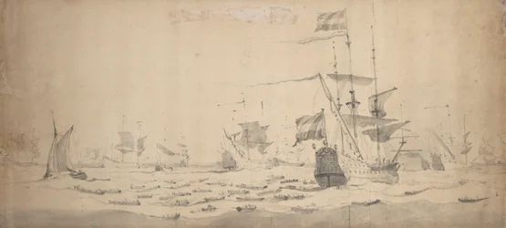 En holländsk flotta som ligger i en bris: ett krigsråd, ca 1665 (grafit, grå lav)