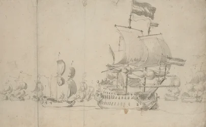 Ett holländskt flaggskepp med ett expeditionsfartyg på sin sida, maj 1672, ca 1672 (blyerts, lavering)