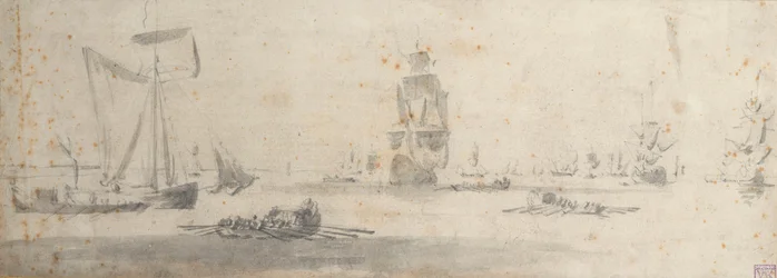 En galliot i lätta vindar och flera pråmar, ca 1681 (grafit, grå lav)
