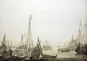 En mängd olika fartyg i en trång hamn, denna målning är historiskt förknippad med Charles II av Englands (1630-1685) resa till Haag (Holland) 1660, under återställandet av hans makt över den engelska tronen