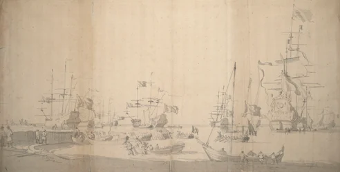 En weyschuit dras iland i en trång hamn, ca 1672 (grafit)