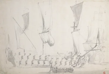 En engelsk fjärdeklassare i lätta vindar, ca 1681 (grafit, grå lav)