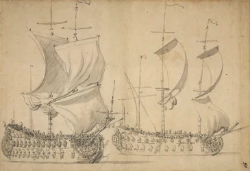 En engelsk tredje- och fjärdeklassare under lätt segel, ca 1677 (blyerts, lavering)