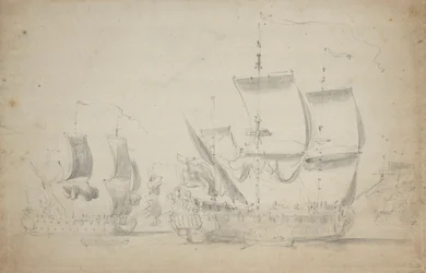 En engelsk tvådäckare under lätt segel, ca 1675 (blyerts, lavering)