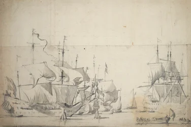 Holländska stridsfartyg torkar segel, ca 1658 (grafit, grå tvätt)