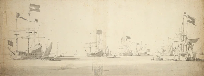 Holländska flaggskepp för ankar med båtar bredvid, ca 1664 (grafit, grå lav)
