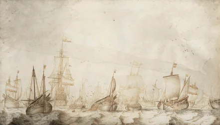 Holländska sillfiskefartyg i Nordsjön. Teckning i bläck och lavering (27,4x47,6 cm) av William van de Velde d.ä. (ca 1611-1693), omkring 1650.