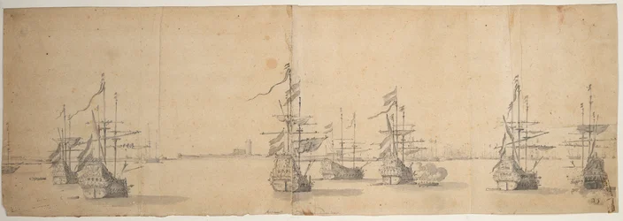 Holländska fartyg för ankar utanför en låg strand, ca 1658 (grafit, grå lav)