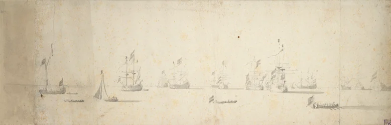 Holländska fartyg för ankar utanför land, ca 1664 (grafit, grå lav)