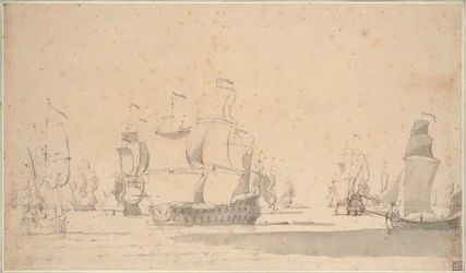 Engelska fartyg, en ketch och en galliot i en lätt bris, juni 1673, ca 1673 (blyerts, lavering, penna, brunt bläck)
