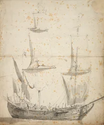 Porträtt av ett litet holländskt handelsfartyg, ca 1665 (grafit, grå tvätt)
