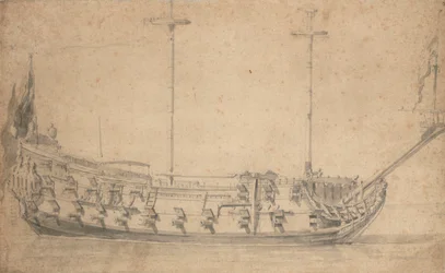 Porträtt av en engelsk fjärdeklassare, ca 42 kanoner, ca 1675 (blyerts, lavering)