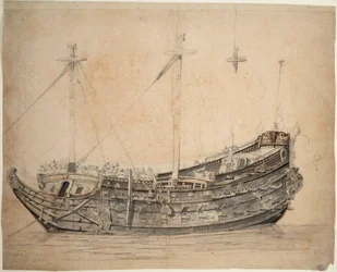 Porträtt av "Vrijheid", 50-kanoners fartyg från Amsterdams amiralitet, byggt 1651 och sprängt i luften 1676, ca 1653 (grafit, grå lav, brun penna, bläck)
