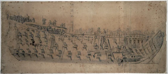 Porträtt av fartyget "London", byggt 1670, ett förstklassigt fartyg med 96 kanoner. Teckning och temperering omkring 1676, av Willem van de Velde l