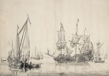 Segelbåtar och en holländsk fregatt som torkar sina segel. Teckning och lavering (26x37 cm), av William van de Velde l