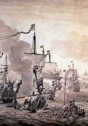 Slaget vid Öresund mellan den holländska och den svenska flottan, 8 november 1658. Detalj - Olje- och bläckmålning