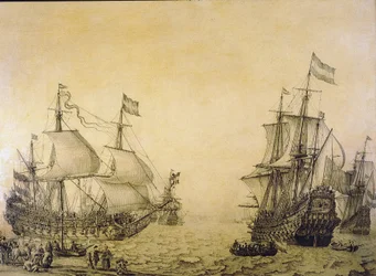 Det holländska fartyget "Oosterwijk", som lämnar stranden, beskrivs från två vinklar. Grisaille på trä