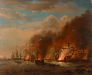 Bränningen av Soleil Royal i slaget vid La Hogue, 23 maj 1692, slutet av 1600-talet (olja på duk)