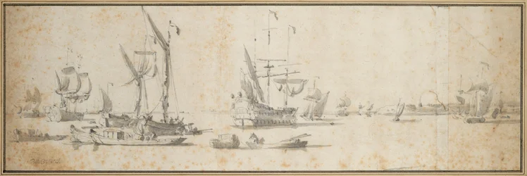 Två doggers och ett skepp för ankar i en hamn, ca 1681 (grafit, grå lav)
