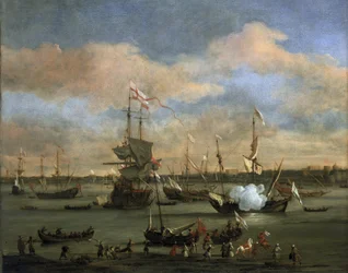 Brittiskt handelsfartyg i en hamn i Medelhavet. Olja på duk