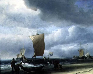 Fiskebåtar kommer i land (olja på duk)