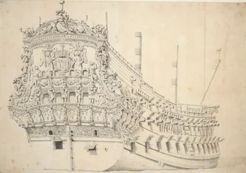 Porträtt av en fransk tvådäckare. Byggd i Holland 1666-1667, ca 1667 (grafit, grå tvätt)
