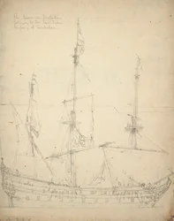 Porträtt av "Beurs van Amsterdam". Byggd 1654 som en indiefarare. 52 kanoner. Taget i staternas tjänst 1665. Återlämnad till rederiet 1666, c.1665 (offset)