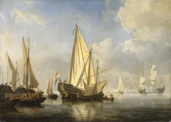 Frakt i lugn och ro med en States Yacht vid änden av en pir, ca 1680 (olja på duk)