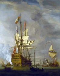 HMS "Royal Sovereign" avfyrar kanonerna för att hälsa hamnen välkommen, tillsammans med en kunglig yacht, i lugnt väder. Olja på duk