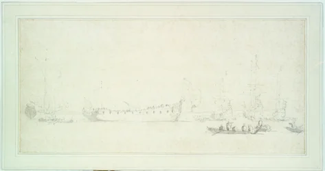 Sjösättning av ett engelskt fartyg, troligen "James Galley", ca 1676 (grafit  lavering, grå)