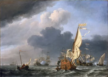 Yacht i stark vind, försöker ansluta sig till en grupp holländska fartyg, troligen samlingen av den holländska flottan utanför Texel (Holland) 1672