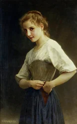 I början av dagen (lantliv: ung bondflicka klär på sig). Målning av William-Adolphe Bouguereau (William Adolphe Bouguereau