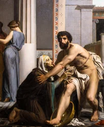 Odysseus igenkänd av sin sköterska på väg tillbaka från Troja