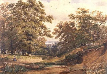 En scen i Bagley Wood nära Oxford (akvarell och kroppsfärg)