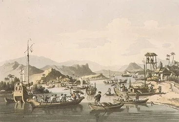 Cochin-Chinese Shipping on the River Taifo, tavla 15 från "A Voyage to Cochinchina" av John Barrow (1764-1848), graverad av Thomas Medland (1755-1823) 1806 (akvatint).
