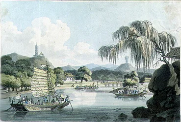 Utsikt i den östra sidan av Imperial Park vid Gehol, skylt 4 från "Travels in China" av John Barrow, graverad av Thomas Medland (1755-1823) 1804 (akvatint)