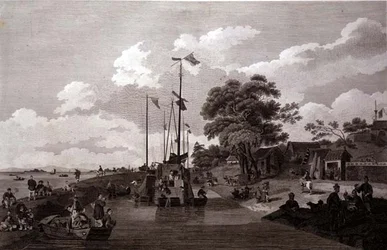 Utsikt över sjön Pao-Yng där den är skild från Canal Grande av en jordvall, graverad av William (1747-1810) och Elizabeth Ellis, pub. av G. Nicol