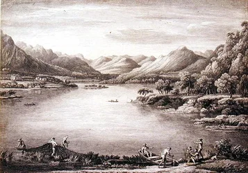 En vy över huvudet av Ullswater mot Patterdale, graverad av Chatelin och Mason