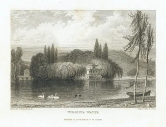 Virginia Water, Lake Surrey (England), nära Windsor, vy över den kinesiska paviljongen omgiven av träd på en ö i mitten av sjön. Gravyr av J. Lewis efter William Daniell (1769-1837).