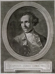 Porträtt av kapten James Cook (1728-79), från frontispicen på "Resan runt världen till sydpolen" (gravyr)