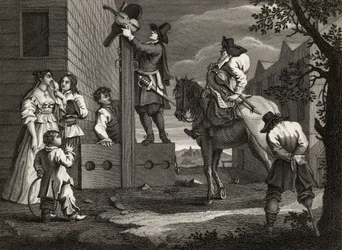 Hudibras leder Crowdero i triumf, ur "Hudibras" av Samuel Butler (1612-80) graverad av J. Romney, ur "The Works of William Hogarth", utgiven 1833 (litografi)