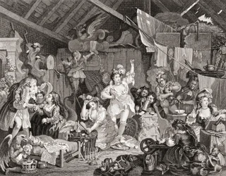 Strolling Players repeterar i en lada, graverad av G Presbury, från The Works of Hogarth publicerad London 1833 (s/v gravyr)