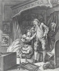 Kvinna blir prostituerad i 1700-talets England (gravyr)