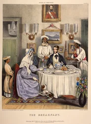 Frukosten. Ett ungt gift par (en tjänsteman i Ostindiska kompaniet och hans fru) äter frukost med stekt fisk, ris och Sylhet-apelsiner, med tjänstemän på plats. Litografi av J. Bouvier.