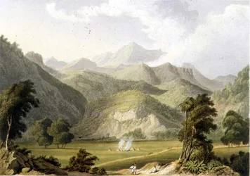 Approach to the Bore Ghaut, från en målning av överstelöjtnant Johnson, graverad av T. Fielding och färglagd av J.B. Hogarth (litho)