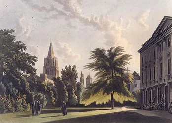 Exteriör av Corpus Christi College och Christ Church Cathedral, illustration från "Historien om Oxford", graverad av puben Joseph Constantine Stadler (fl.1780-1812). av R. Ackermann