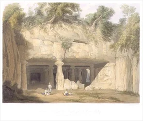 Exteriör av Great Cave Temple of Elephanta, nära Bombay, 1803, från volym II av "Scenery, Costumes and Architecture of India", graverad av S.G. Hughes, pub. av Smith, Elder and Company