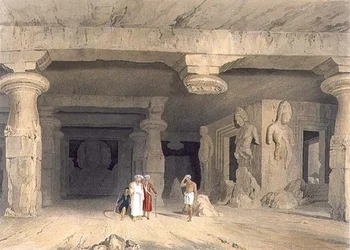 Interiör av det stora grotttemplet i Elephanta, nära Bombay, 1803, från volym II av "Indiens landskap, kostymer och arkitektur", graverad av J. Baily, pub. av Smith, Elder and Company