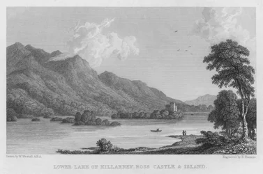 Lower Lake of Killarney, Ross Castle och Island (gravyr)