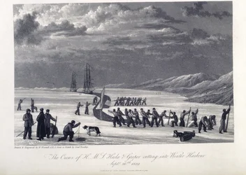 Besättningen på H.M.S. Hecla och Griper skär in i vinterhamnen, 26 september 1819, illustration från 